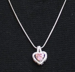NEW Halo Heart Pendant Necklace on Snake Chain Silver Gray / Pink 17.5" thumbnail 1