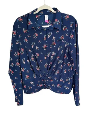 No Boundaries Women's Sz L (11-13) Cropped Gathered Bottom Shirt Blue Floral thumbnail 1