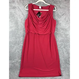 Cocomo Red Dress Large Cowl Neck Blouson Knee MIDI Elastic Waist Flattering Fit thumbnail 2