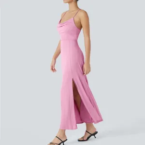 Halara Backless CrissCross Slit Midi Dress Lace Up Long Cowl Neck Pink Lilac NWT thumbnail 6