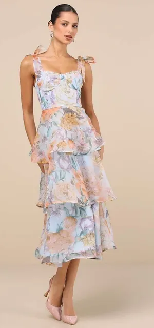 Lulus Playfully Posh Blue Floral Organza Tie-Strap Tiered Midi Dress Medium NWT thumbnail 1