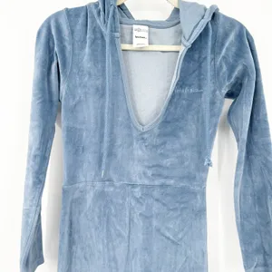 Iets Frans UO Womens Loungewear Kenny Plunge Neck Hooded Velour Jumpsuit XS Blue thumbnail 7