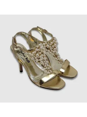 Alisha Hill Heels Cluster Faux Pearl T-Strap Open-Toe Metallic Gold Sandal Sz 8M thumbnail 2