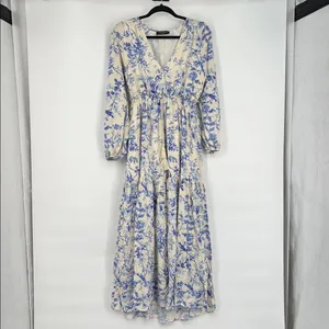 Blue Floral Long Sleeve Tiered Maxi Dress Cream/Blue XS thumbnail 2