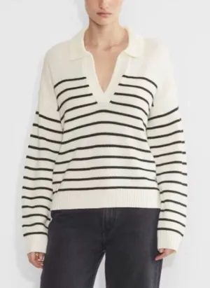 Aritzia Wilfred Clara Merino Wool Polo‎ Sweater Cream Stripe Size Medium thumbnail 1