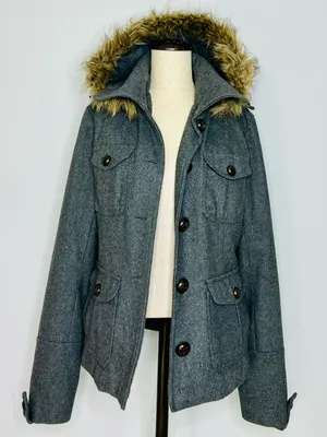 Vintage Y2K dELiA*s Grey Wool-Blend Peacoat with Removable Faux Fur Hood Medium thumbnail 5
