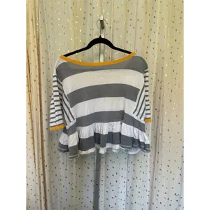 We The Free 100% Cotton Grey White Stripes Contrasting Yellow Trim Peplum Top M thumbnail 3