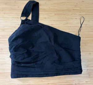 ZARA Sz M Black One ShoulDER Ruched Cropped Top‎ W Ring MMN thumbnail 1