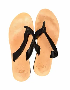 UGG Women's Black Strap Tan Leather Flip Flop Sandals Size 9 thumbnail 1