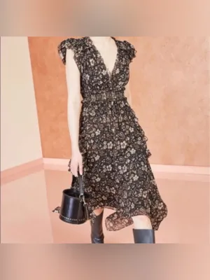 Ulla Johnson Black Floral Asymmetrical Midi Dress 100% Silk thumbnail 3
