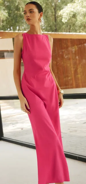 Commense Minimalist Elegance Linen Cotton Crisscross Long Dress Fuchsia Medium thumbnail 1