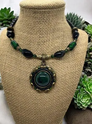 Chico's Chicos Collar Choker Necklace Black Leather Braid Green Black Glass Bead thumbnail 1