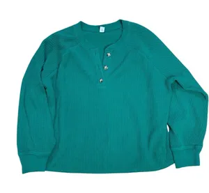 Old Navy Jewel Green Boxy Waffle Knit Thermal Henley Long Sleeve Top XL thumbnail 1