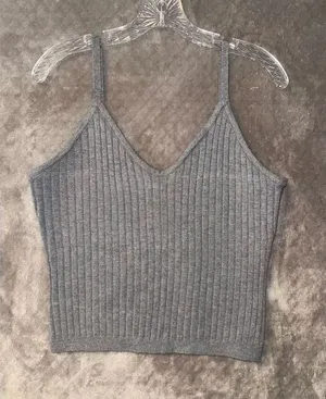 7 for all mankind grey ribbed stretchy v-neck semi crop tank Large #762 thumbnail 1