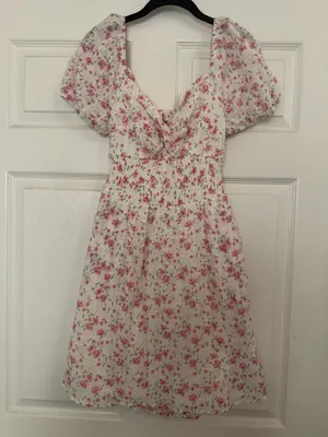 As U Wish Women’s Medium Floral Cottagecore Mini Dress Puff Sleeve Smocked Pink thumbnail 3