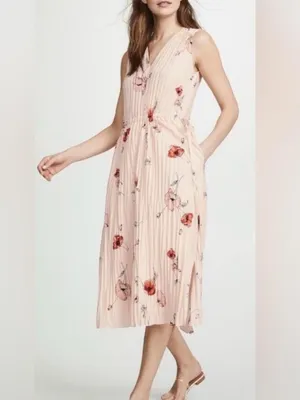 Vince‎ Tossed Poppy Pink V-Neck Pleated Midi Sleeveless Dress - Size S. thumbnail 5
