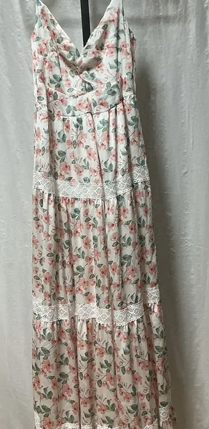 Altar'd State Alyseia Floral Maxi Dress Large Pink Green Lace Trim NWT thumbnail 1