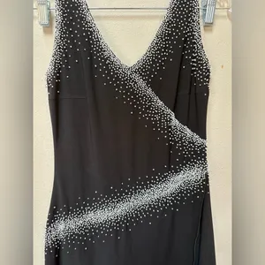 Vintage 90s Black Beaded Midi Dress Asymmetrical Formal Prom Wedding Guest M thumbnail 3