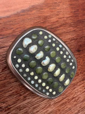 Western Boho Silver Gemstone Belt Buckle Pearls, Jade, Green Garnet, Chrysoprase thumbnail 3