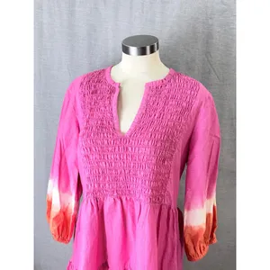 Sachin & Babi Pink Orange Dip Dye‎ Smocked Tiered Cotton Mini Dress Resort M thumbnail 2