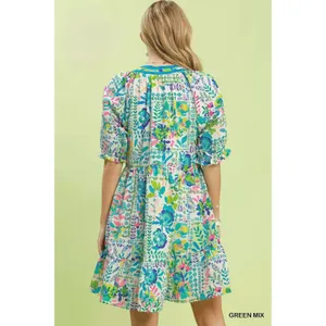 Umgee Mix Botanical Print Puff Sleeve Tiered Dress - Green‎ Mix - Small thumbnail 3