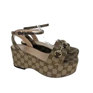 Gucci Lady Horsebit GG Supreme Canvas Platform Sandals Beige 37.5 Box Dust Bags thumbnail 7