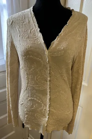 VTG B.Moss Stretch Cardigan Blouse Cream Textured Paisley Fairycore Size Large thumbnail 1