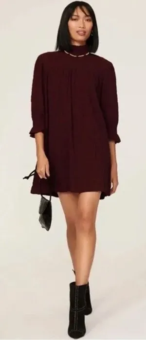 Ba&sh Women's Red Maroon Devis Smocked Turtleneck Babydoll Mini Dress Size S thumbnail 1