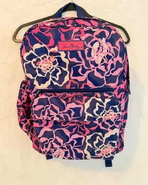 Vera Bradley Floral Backpack Navy Pink White Canvas School Travel Bag‎ thumbnail 1