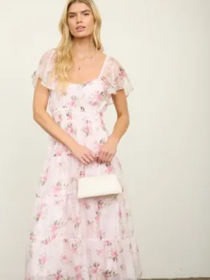 Floral Chiffon Flounce Sleeve Shirred Midi Dress Small thumbnail 4
