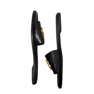 Tory Burch Everly‎ Calf Leather Gold Logo Slide Sandals Black Women's Size 7M thumbnail 6