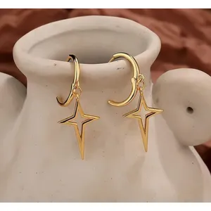 NEW Gold Star Dangle Hoop Earrings | Yellow Gold Over‎ 925 Sterling Silver thumbnail 11