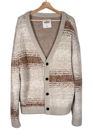 Hollister Womens Fuzzy Knit Cardigan Beige Brown Striped V-Neck‎ Sweater Medium thumbnail 1