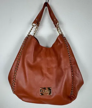 Bebe Colette Triple Entry Hobo Cognac Brown Shoulder Bag Chain Whlpstitch Slouch thumbnail 1