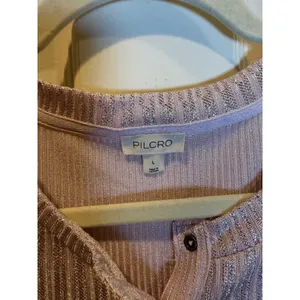 Pilcro Anthropologie Metallic Pink Silver Ribbed Henley Long Sleeve Size Large thumbnail 3