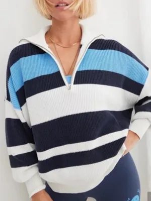 Aerie Womens Beyond Quarter Zip Sweater Chunky Blue Stripes Xxs Oversized thumbnail 1