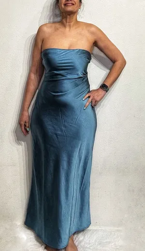 Runaway The Label Steel Blue Kristine Strapless Satin Maxi Dress Sz M thumbnail 1