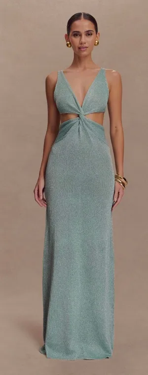 NEW Meshki Gracelyn Twisted Metallic Knot Maxi Dress Aqua Blue Size Small thumbnail 1