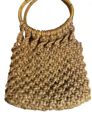 Boho Jute Macramé wood Ring‎ Handle Purse Bag Open Weave Tan Natural thumbnail 1