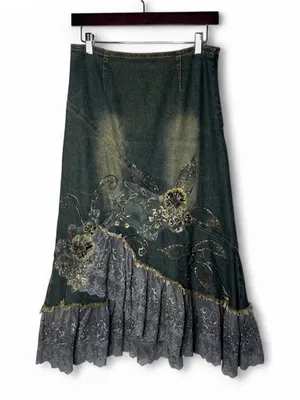 Y2K Vintage Asymmetrical Lace Hem Floral Beaded Fairy Grunge Denim Midi Skirt thumbnail 1