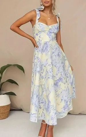 Light Yellow and Blue Floral Sundress with Tie Straps thumbnail 1