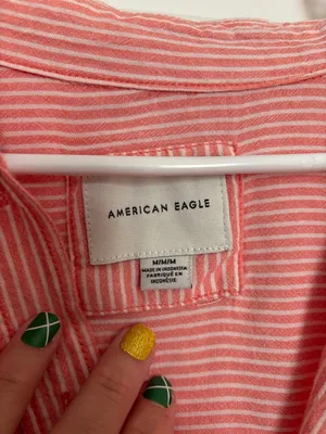 American Eagle Coral Striped Oversized Cotton Blend Button-Up Beach Shirt thumbnail 2