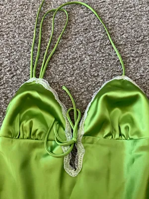 Lace-Trim Satin Mini Dress in Lime Green thumbnail 2