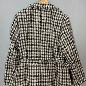 NWT Grace Karin Tweed Pea Coat Plaid Women Size XL Raw Edges Belted Cream Brown‎ thumbnail 6