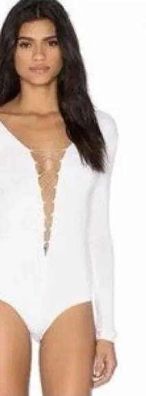 T by Alexander Wang White Long-Sleeve Lace-Up Plunge Bodysuit thumbnail 1
