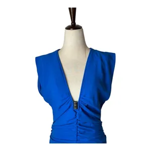 Zara Dress Women Medium Royal Blue Ruched V‎ Neck Sleeveless Midi NWT Party thumbnail 4