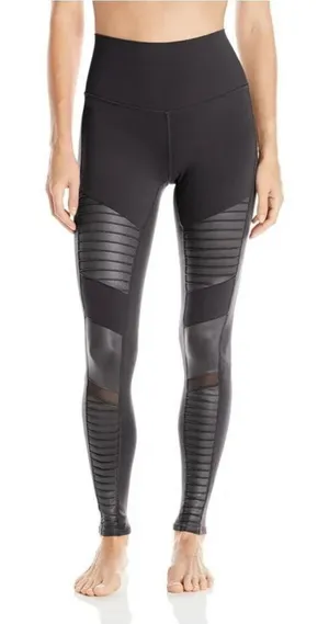 Alo Yoga Womens Flat Front High Waist Mesh Moto Panels Active Leggings Black Siz thumbnail 1