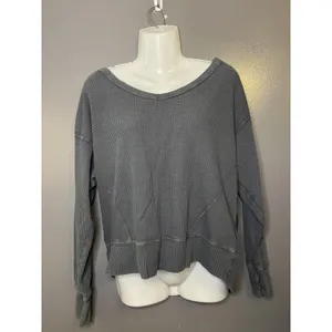 OFFLINE By Aerie Sweatshirt Womens XS Gray Waffle Boat Neck Relaxed Pullover thumbnail 2
