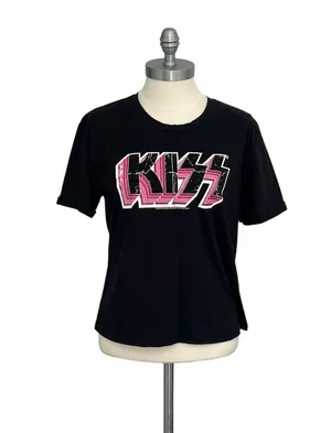 Gianni Bini NWT Women’s Sz M Rock Kiss Graphic Tee Shirt Black Pink Cotton Blend thumbnail 3