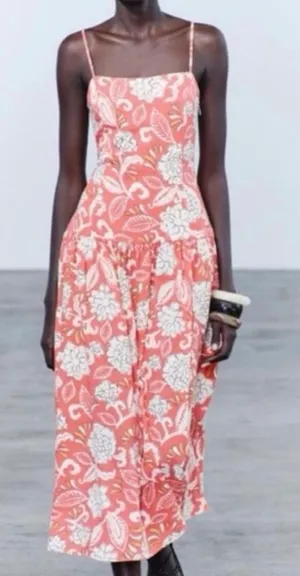 Zara Coral Multi midi drop waist dress in S thumbnail 1